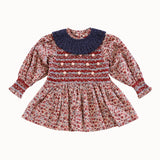 Bonjour Diary - Handsmock Blouse With Collar Blue Flower Field Print
