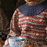 Bonjour Diary - Handsmock Blouse With Collar Blue Flower Field Print