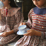 Bonjour Diary - Handsmock Blouse With Collar Blue Flower Field Print