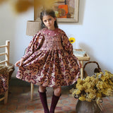 Bonjour Diary - Handsmock Dress With Collar Burgundy Cashmere Print